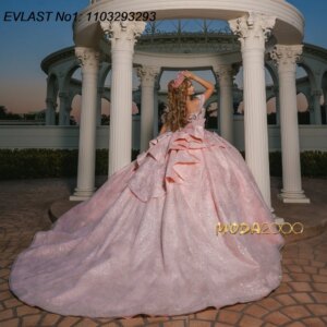 EVLAST Customized Glitter Pink Quinceanera Dress Ball Gown Butterfly Applique Beading Bow Sweet 16 Vestido De 15 Anos E1Q324