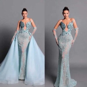 Gorgeous Evening Dresses Mermaid Strapless Appliques Crystals Backless Prom Gown Party Dresses Vestido De Noite Customized