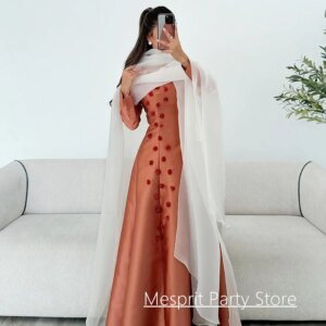 Organge Prom Dress with Ivory Shawl Customized Long Sleeves Flowers A Line Satin Evening Gown Formal Occasion Dresses
