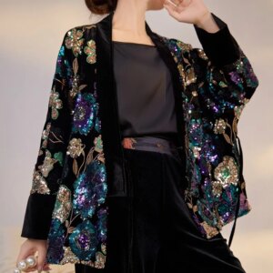 New Chinese embroidery flower sequin heavy industry coat national style colorful purple