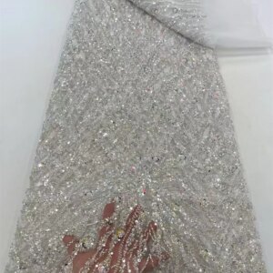 White Lace Fabric 2025 High Quality Lace 5 Yards Luxury Beaded Fabric African Lace Fabric Nigerian Evening Party Dresses W499-1