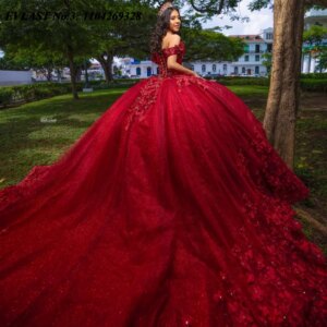EVLAST Customized Glitter Red Quinceanera Dress Ball Gown 3D Floral Applique Beading Corset Sweet 16 Vestidos De 15 Anos E3Q741