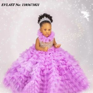 EVLAST Customized Lilac Lavender Ruffles Flower Girl Dress For Weddings Ball Gown Little Girls Pageant First Communion Gown FD59