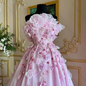 Pink Appliques 3D Flower Prom Dresses Strapless Robes de soirée Evening Gowns Lace A Line Princess Party Dress