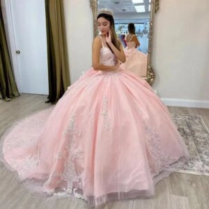 Princess Pink Quinnceanera Dress Ball Gown 3D Floral Applique Beaded Bow Mexico Corset Sweet 16 Vestidos De 15 Anos