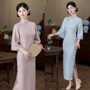Solid Color Improved New Chinese Style Long Inverted Big Sleeve Cheongsam Qi Pao Autumn Young Girl’s Casual Wearable