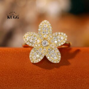 KUGG 100% 18K White or Yellow Gold Rings 0.55carat Real Natural Diamond Ring for Women Luxury Flower Design High Party Jewelry