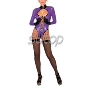 latex  Apparel clothes latex suit garment purple color bodysuit lace SUITOP
