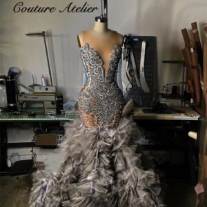 Enchanting Silvery Crystal Beading Prom Dresses Black Girls Tulle Ruched Train 2024 Birthday Luxury Dress Mermaid Customized