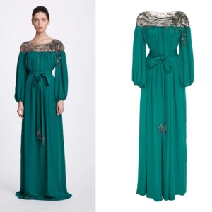 L430 Green Long puff Sleeves Crew Neck Beaded Chiffon  فساتين السهرة vestidos de fiesta  فساتين سهره evening dresses