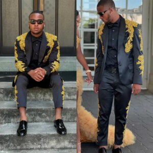 Gold Beads Men Tuxedos Customized Shawl Lapel Business Groom Wedding Pants Suits Fashion Show Wear 2 Pieces