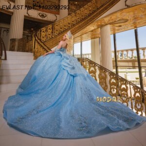 EVLAST Customized Glitter Sky Blue Quinceanera Dress Ball Gown Floral Applique Beading Mexico Sweet 16 Vestido De 15 Anos E1Q117