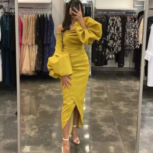 Chic Off the Shoulder Long Sleeve Evening Dress Classic Pleat with Pearls Ladies Ankle Length High/Low Banquet Event GownsCL-695