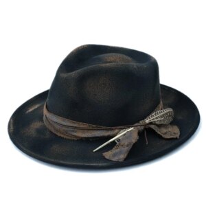 Design spray paint charred wind vintage do old woolen hat felt top feather trim flat wrapping
