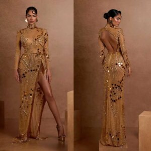Sparkling Evening Dress Straight High Collar Beading Crystals Backless Prom Gown Party Dress Vestido De Noite Custom Made
