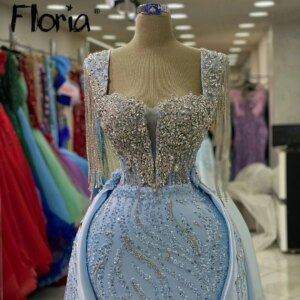 Floria Long Tassels Light Blue Formal Prom Dress for Women Wedding Detachable Train Beaded Satin Evening Party Gowns Customized