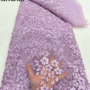 African Heavy Bead Lace Fabric 2024 High Quality Nigerian 3d Flower Sequins French Tulle Fabric Material For Wedding Party