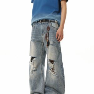 Niche Retro Washed Ripped Versatile Machete Jeans American Bootcut Pants Men