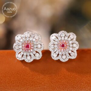 Aazuo 18K Solid White Gold Real Pink & White Diamonds Lovely Square Flower Stud Earring Gifted For Women Wedding Party Au750