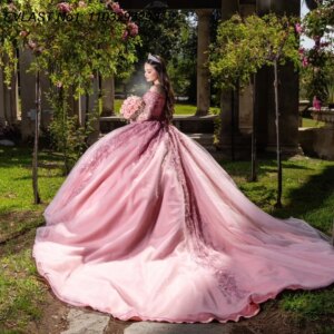EVLAST Customized 2025 Pink Ball Gown Quinceanera Dress Long Sleeve Lace Applique Beading Sweet 16 Vestidos De 15 Anos E1Q890