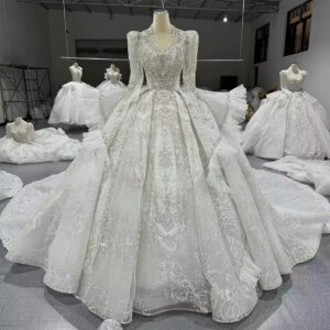 свадебное платье женское Long Sleeves V Neck Beading Crystal Ball Gown Wedding Dress Keyhole Back Long Bridal Dress