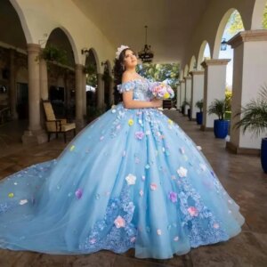 Customized Sky Blue Quinceanera Dresses with Appliques Beadings Flower Off The Shoulder Cathedral Train 15 Anos Vestido