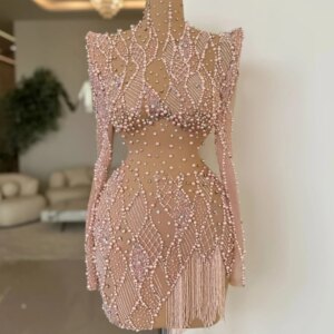 Dazzling Beaded Pearls Cocktail Gown For Women Sexy Illusion Mini Wedding Party Gown 2025 Customized Luxury Tassel Prom Dresses