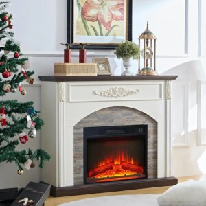 44Inch Electric Fireplace with Mantel, Fireplace Mantel with Stacked Stone Surround, Freestanding
