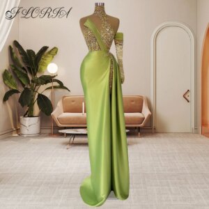 Bright Fluorescent Green One Shoulder Formal Evening Dress Sheer Beaded High Slit Satin Mermaid Maxi Dresses Women’s Party Gown