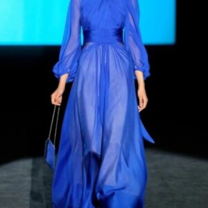 Elegant Blue Evening Formal Dress High Neck 3/4 Sleeve Pleats Floor Length Chiffon Prom Party Gowns Sexy Robe De Soiree