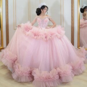 Pink Shiny Princess Quinceanera Dresses Off Shoulder Beads Flower Tiered Tull Corset Sweet 16 Dress Ball Gown Vestidos 15 Anos