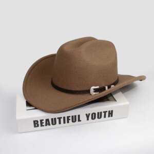 Simple coffee belt warm men’s and women’s bendable large eaves widen thick woolen cowboy hat
