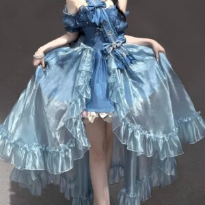 Brilliant Starlight Lolita Suspender Dress Ribbon Hand Sleeves Suit Magnificent Small Dress Blue Dress Party Banquet Bar Mitzvah
