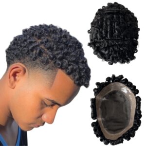 Brazilian Virgin Human Hair Systems Jet Black Color 1# 15mm Curl Unit 7×9 Mono Lace Toupee for Black Men