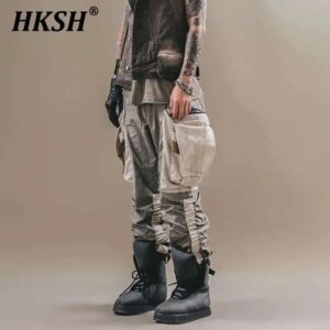 HKSH Autumn New Men’s Tide Dark Multi Pocket Waste Land Style Overalls Vintage Craft Folding Stacking Legging Cargo Pants HK0119