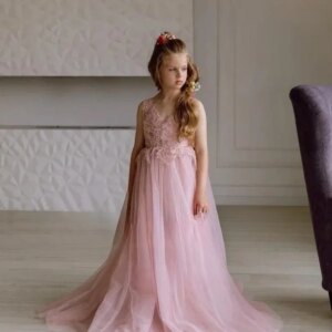 Blush Flower Girl Dress Toddler Wedding Tulle Lace Girl Dress with Train Girl Birthday Baby Girls Dresses for Party and Wedding