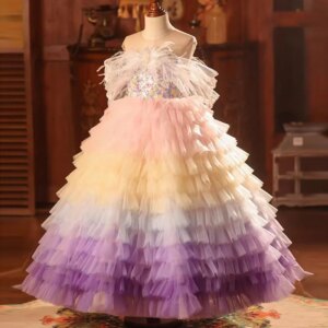 Jill Wish Luxury Arabic Colorful Dubai Girl Dress Feathers Baby Children Clothes for Wedding Birthday Holiday Party 2025 J212