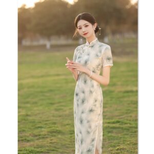 Bamboo Satin Linen Long Short Sleeve Robe Qi Pao Spring and Summer New Retro National Style Young Lady Daily Cheongsam