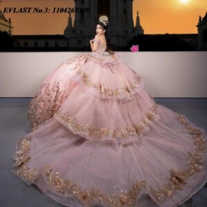 EVLAST Customized Pink Blush Sequins Quinceanera Dress Ball Gown Gold Applique Beading Tiered Sweet 16 Vestido De 15 Anos E3Q187