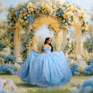 Customized Shiny sky blue Quinceanera Dress Off Shoulder Tull appliqueLace flower Long tail Bow vestidos de 15 Quinceanera