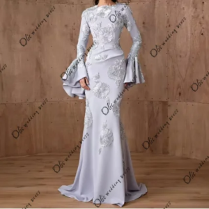 customized Long Sleeves Jersey Mermaid Evening Dress with Appliques Sweep Train Flare Sleeves Crew Neck for Party Gowns2025