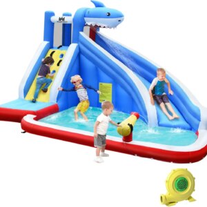 Inflatable Water Slide, Shark Themed Waterslide Park for Kids Backyard Outdoor Fun w/Long Slide, Splashing Pool, 750w Blower, Bl