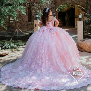 EVLAST Customized Glitter Pink Quinceanera Dress Ball Gown Floral Applique Beaded Bow Corset Sweet 16 Vestidos De 15 Anos TQD804