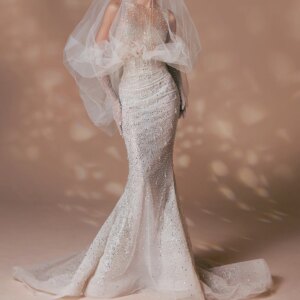 Customized Exquisite Crystal Mermaid Detachable Sleeve Tulle Evening Dresses Delicate Crew Neck Long Sleeves Wedding