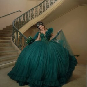 Customized Shiny blackish green Off Shoulder Quinceanera Tull Dress Lace sequin crystal trailing vestidos de 15 Quinceanera