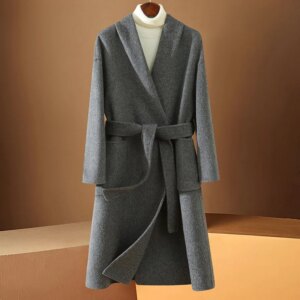 Women’s Wool Double Sided Cotton Coat Overknee Coat Autumn and Winter New Woolen Long Cardigan Loose Lace-up Temperament