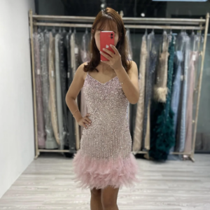 MYMB Pink Chic Sexy Spaghetti Straps Mini Night Club Gowns for Women Party Luxury Crystal Beaded Feathers Cocktail Dresses