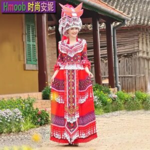 Luxury Chinese Miao Dress Wedding Minority Yunnan Wenshan Pleated Dress Hmongb Suit Beaded Stage wOMEN