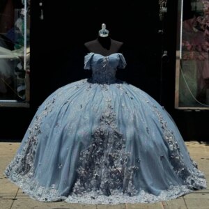 Sky Blue Shiny Quinceanera Dress Party Gown Applique Lace Beads Tull Princess Off The Shoulder Sweet 16 Vestidos 15 De XV
