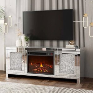 Silver mirror TV cabinet with simulated  mantelpiece electronic creative light luxury Nordic silver mirror decorative heating
